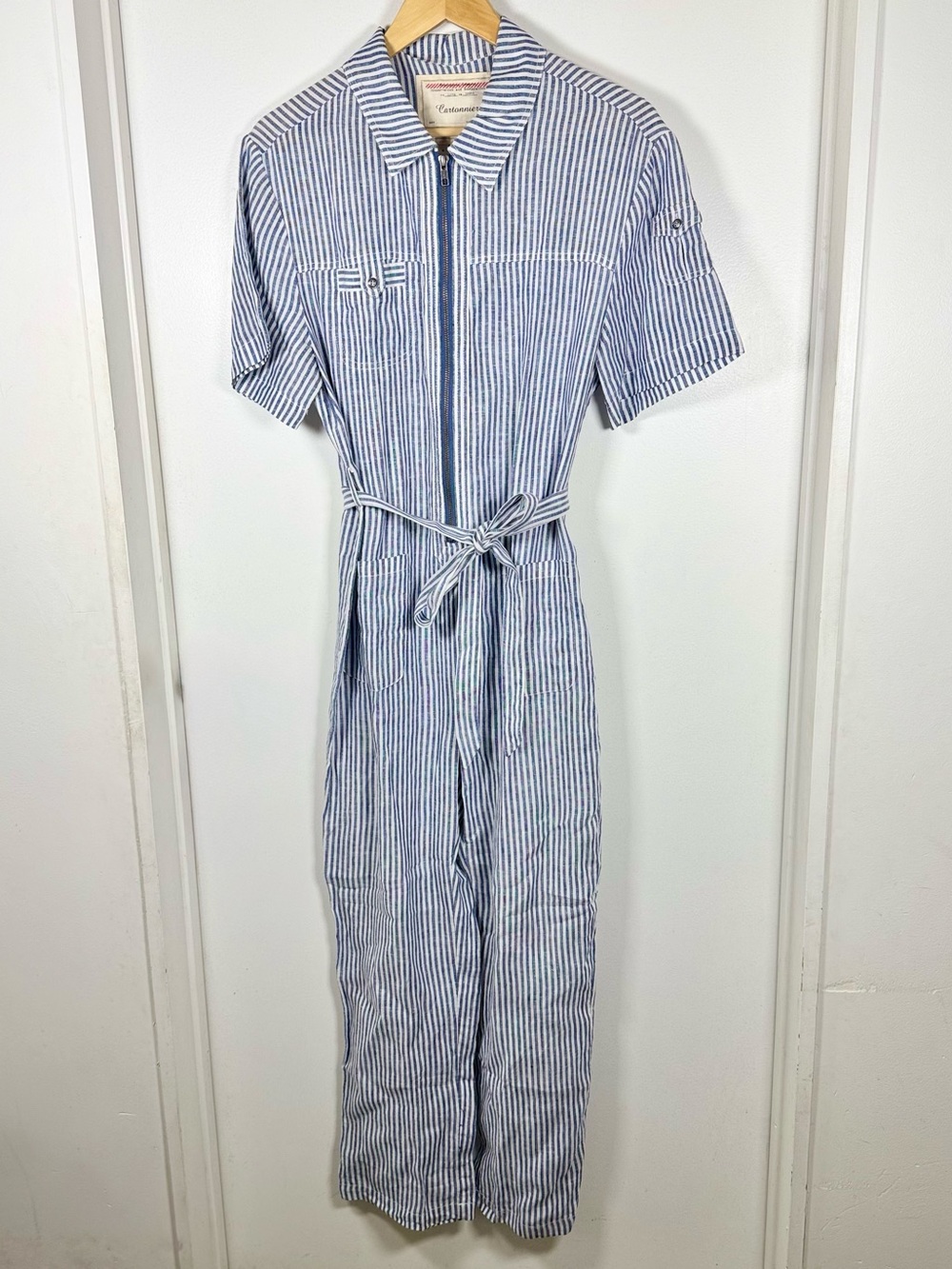 Cartonnier Anthropologie Blue & White Striped Linen Belted Jumpsuit Small NWT